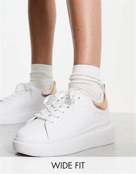 Truffle Collection Wide Fit Chunky Sneakers In White And Rose Gold Back Tab Asos