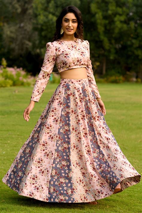 Buy Blue Linen Printed Floral Round Crop Top And Skirt Set For Women By