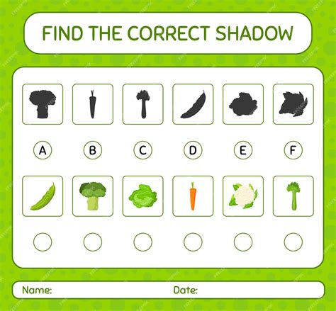야채와 함께 올바른 그림자 게임을 찾으십시오 미취학 아동을 위한 워크시트 어린이 활동 시트 프리미엄 벡터