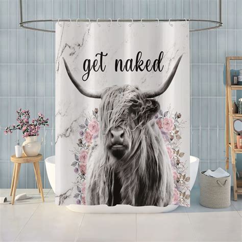 Funny Highland Cow Shower Curtain Grey Marble Shower Curtain Set For