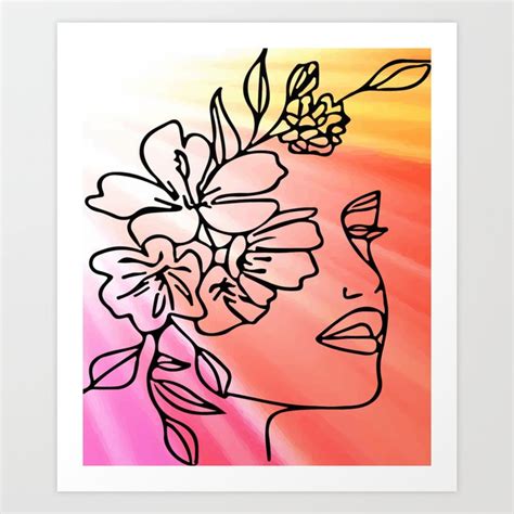 Head Of Flowers Wall Art Woman Line Drawing Line Art Flower Head