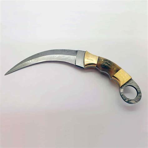 Damascus Steel Karambit With Brass Bolsters And Stag Horn Handle