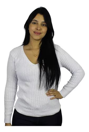 Blusa De Frio Feminina Tricot Manga Longa Decote V Parcelamento