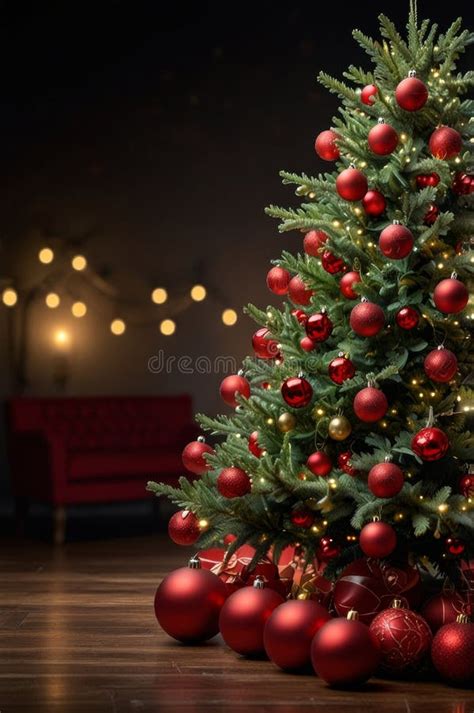 A Christmas Tree Decorated With Red Ornaments And Twinkling Lights