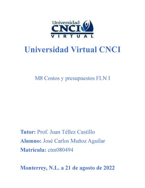 ACT 2 Costos Y Presupuestos Universidad Virtual CNCI M8 Costos Y