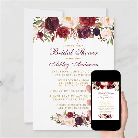 Burgundy Floral Gold Bridal Shower Invitation Bw Zazzle