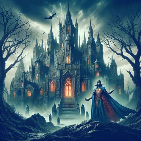 Dark Fantasy Art With A Haunted Castle And Powerful Man In Front Of It ...