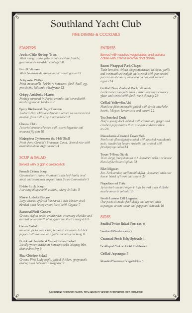 Yacht Club Long Menu Fine Dining Menus