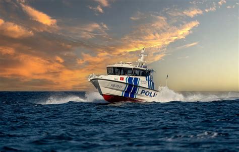 Wallpaper sea, sunset, police, boat for mobile and desktop, section другая техника, resolution ...