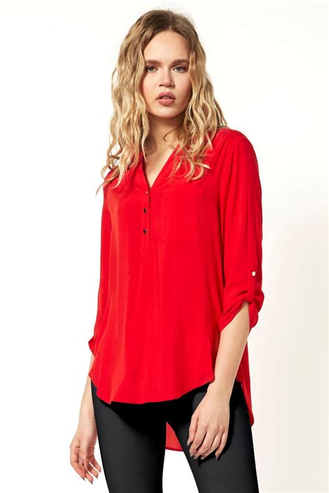 Notch Neck Button Front Top In Red Roman Originals Uk