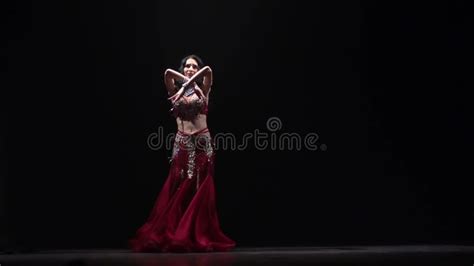 Exotic Belly Dancer Girl Go On Dance Red Smoke Background Slow