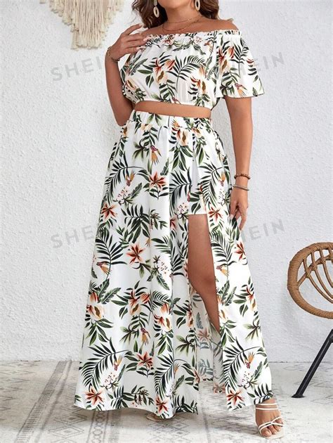 Shein Vcay Plus Tropical Print Off Shoulder Crop Top And Split Thigh