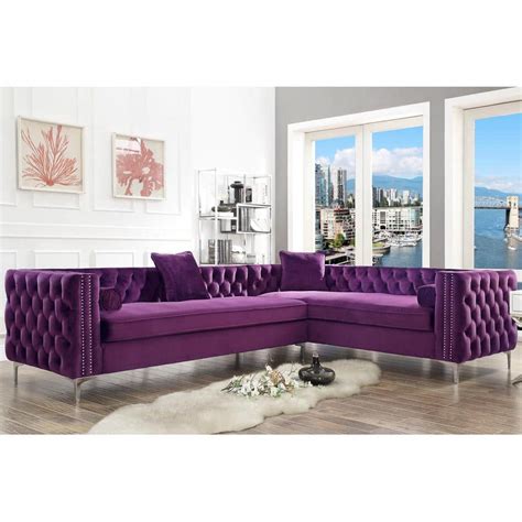 Inspired Home Olivia Purple/Silver Velvet 4-Seater L-Shaped Right ...