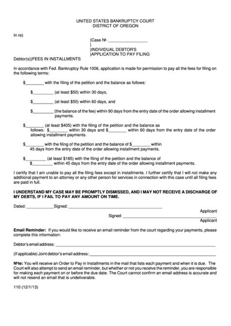 Fillable Individual Debtor S Application To Pay Filing Fees In Installments Form Printable Pdf