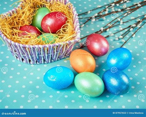 Easter Pussy Willow And Easter Egg On Authentic Background Happy