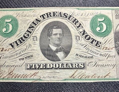 5 1862 Rare Virginia Treasury Note Richmond Obsolete Banknote