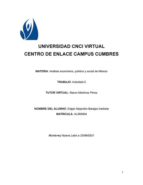 Actividad 2 ACT 2 ANALISIS POLITICO SOCIAL Y ECONOMICO DE MEXICO CNCI