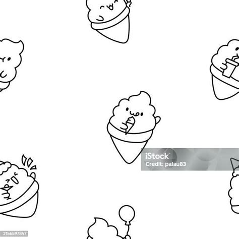 Cute Kawaii Ice Cream Characters Seamless Pattern Coloring Page Cartoon Sweet Smiling Dessert