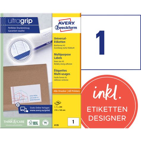 AVERY Zweckform Universal Etiketten 210 x 148 mm weiß A5 6135 bei