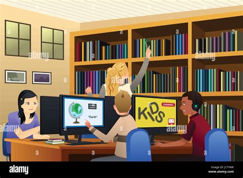 A Vector Illustration Of School Kids Using Computers In The Library