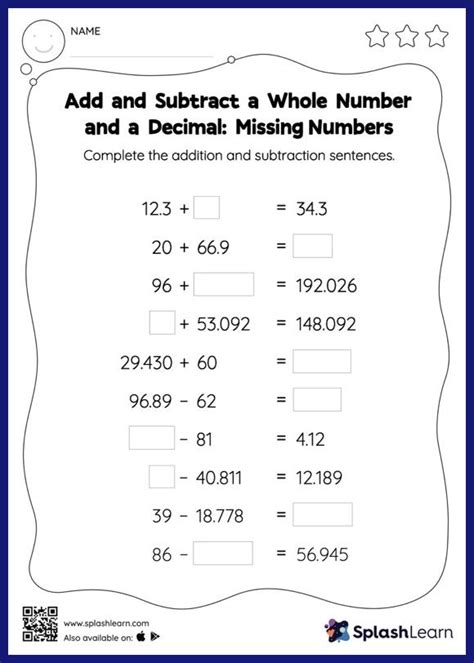 Add And Subtract A Whole Number And A Decimal Missing Numbers Worksheets Library