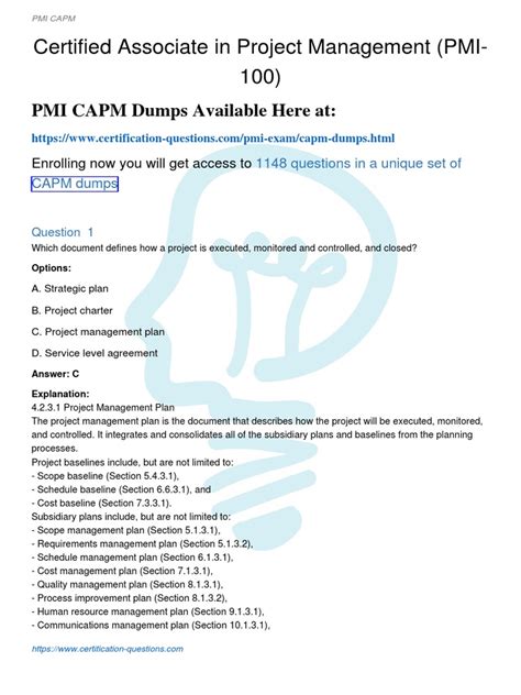 Pmi Capm Certification Practice Questions A Review Of Key Concepts And