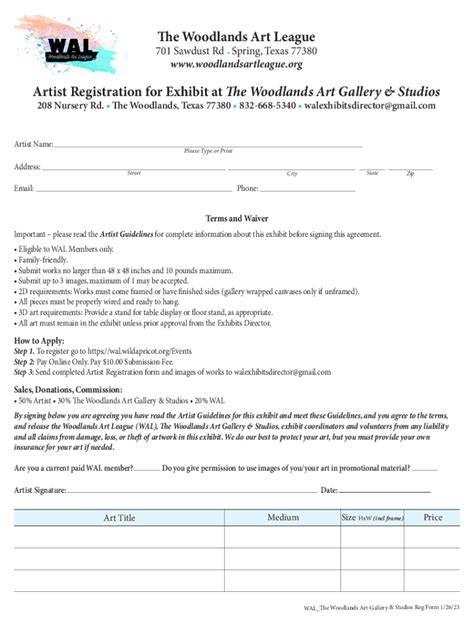 Fillable Online Artist Registration For Exhibit At The Woodlands Art