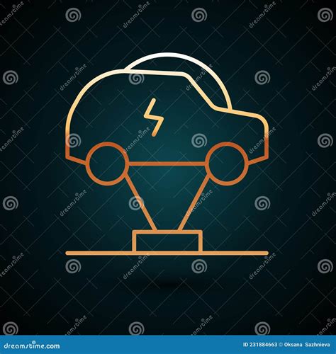 Gold Line Electric Car And Electrical Cable Plug Charging Icon Isolated On Dark Blue Background