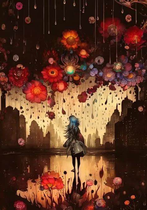 Rain Of Flowers At A Night City Art By Art By Caia K