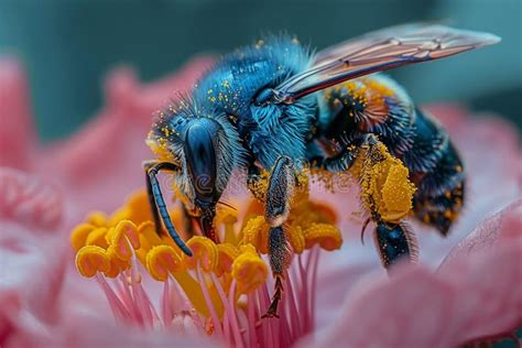 Macro Shot Of A Bee Pollinating A Flower Stock Photo Image Of