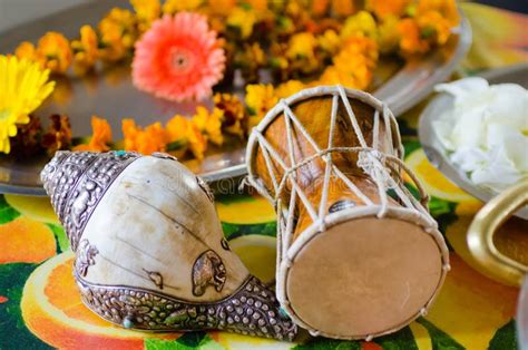 Musical Instruments Used For The Fire Ceremony During The Puja Stock