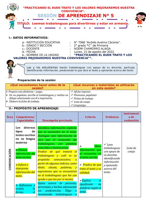 Sesion Comunicacion Leemos Trabalenguas Convivencia Sesi N De