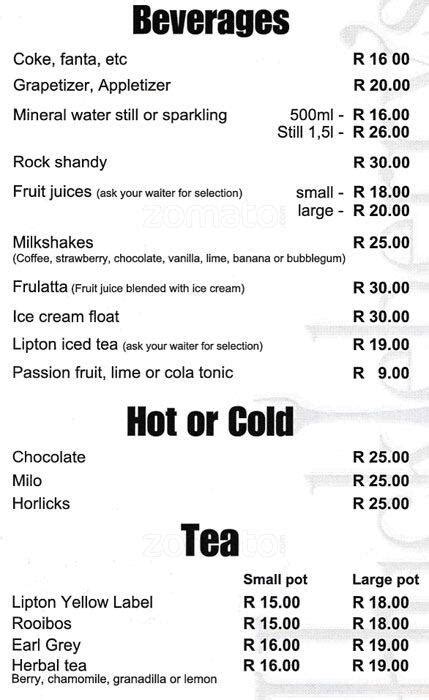 Menu At Huckleberrys Restaurant Pretoria