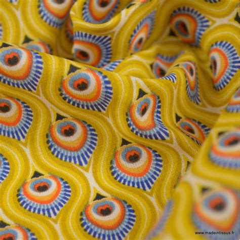 Tissu Coton Motif Peacock Fond Jaune Oeko Tex