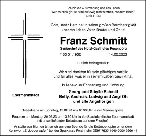 Traueranzeigen Von Franz Schmitt Trauer Nn De