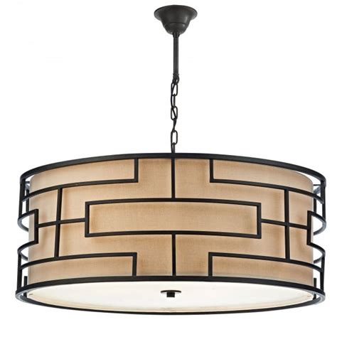 Large Art Deco Drum Pendant Ceiling Light Bronze With Linen Shade