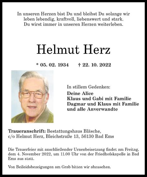 Traueranzeigen Von Helmut Herz Rz Trauer De