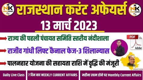 13 MARCH 2023 Rajasthan Current Affairs In Hindi RPSC RSMSSB RAS