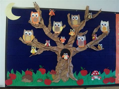 An Owl Themed Bulletin Board With Owls Sitting On The Tree And Moon In The Background