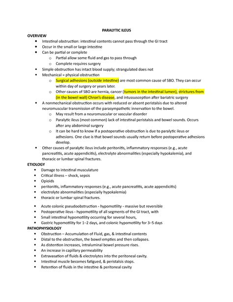 Paralytic Ileus Nursing PARALYTIC ILEUS OVERVIEW Intestinal