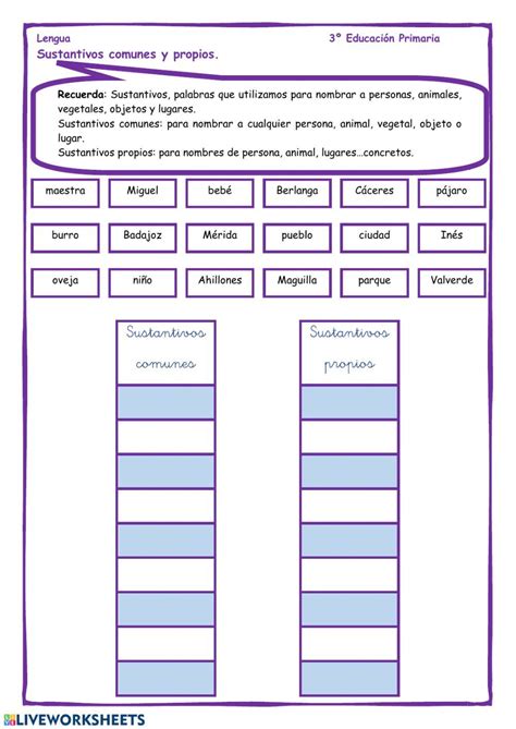 Sustantivos Comunes Y Propios Worksheet School Subjects Google