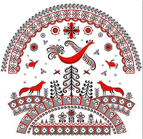 Мезенская роспись: в центре — храм, вокруг — олени и жар-птицы ...