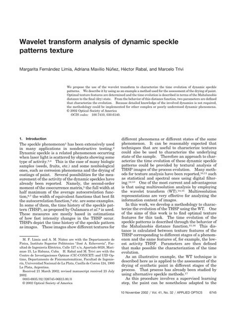 Pdf Wavelet Transform Analysis Of Dynamic Speckle Patterns Texture