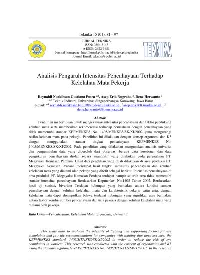 Analisis Pengaruh Intensitas Pencahayaan Terhadap Kelelahan Mata Pekerja