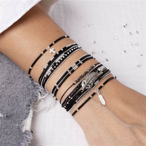 Bracelet Plume Boh Me Triple Rangs Noir Doriane Bijoux