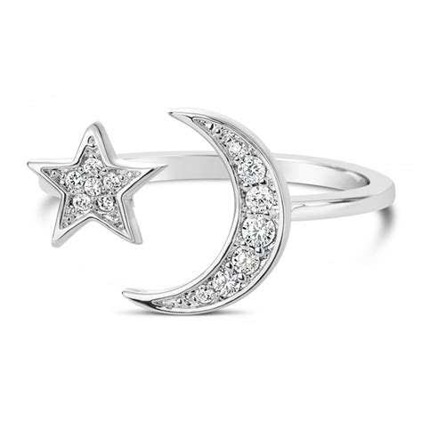 Open Star Moon Ring With Clear Cubic Zirconia Stones Rhodium Plated