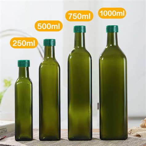 250ml 500ml 750ml Green Square Marasca Cooking Oil Olive Oil Glass Bottle With Plastic Lid High