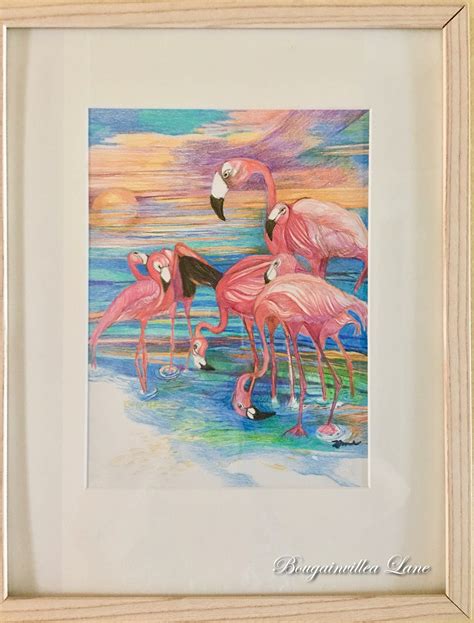 Flamingo Beach Colored Pencil Drawing By Nancy Mcintyre Etsy