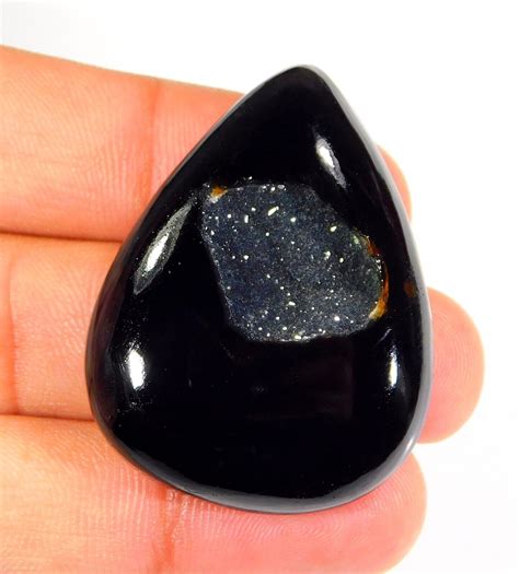 117CT 10x34x45MM NATURAL BLACK ONYX CRYSTAL DRUZY AGATE CABOCHON