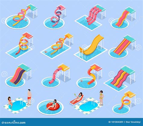 Water Park Aquapark Isometric Icon Set Stock Vector Illustration Of